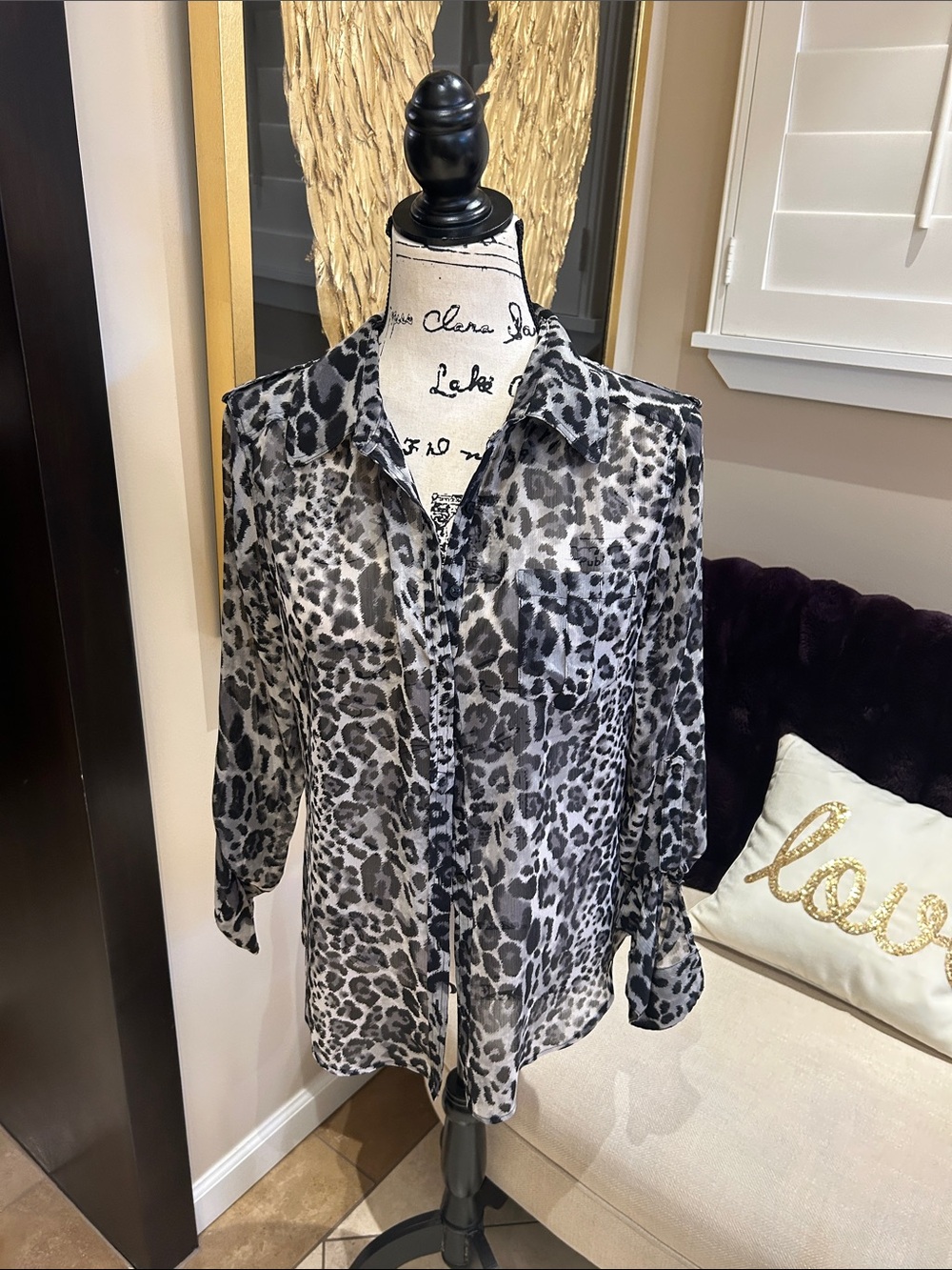 Guess Gray and Black Sheer Leopard-Print Button-Down Blouse